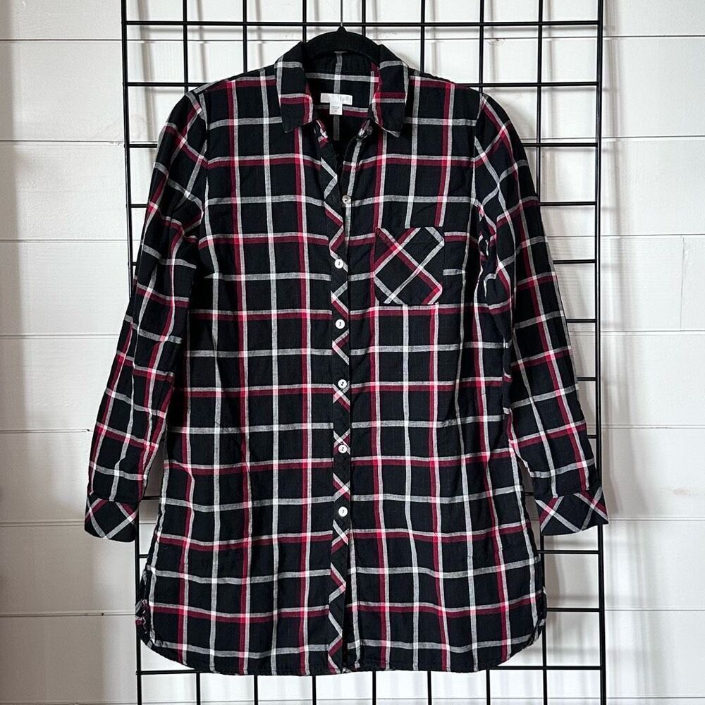 J. Jill Button Down Tunic LS‎ Shirt Womens XS Black Red Plaid Pockets Classic